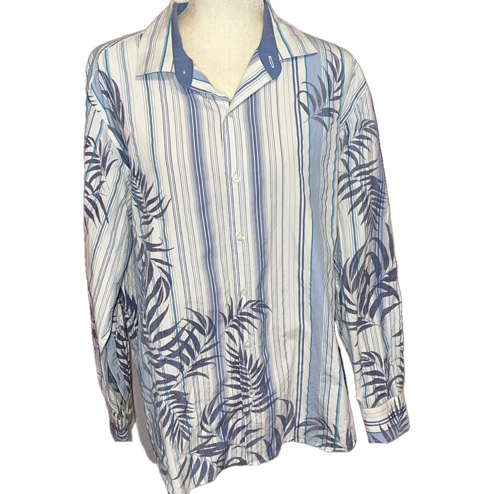 Tommy Bahama Shirt Mens Blue Striped Floral Hawaiian Button Front Club Shirt L